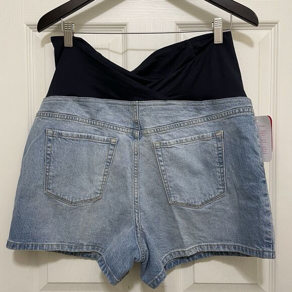 NEW Isabel Maternity Midi Shorts Light Wash 4" Inseam Crossover Panel Size 12 - Picture 2 of 9